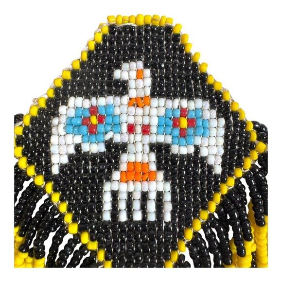 Handcrafted Native American Beaded Medallion Large Thunderbird Design & Fringe - Picture 3 of 5